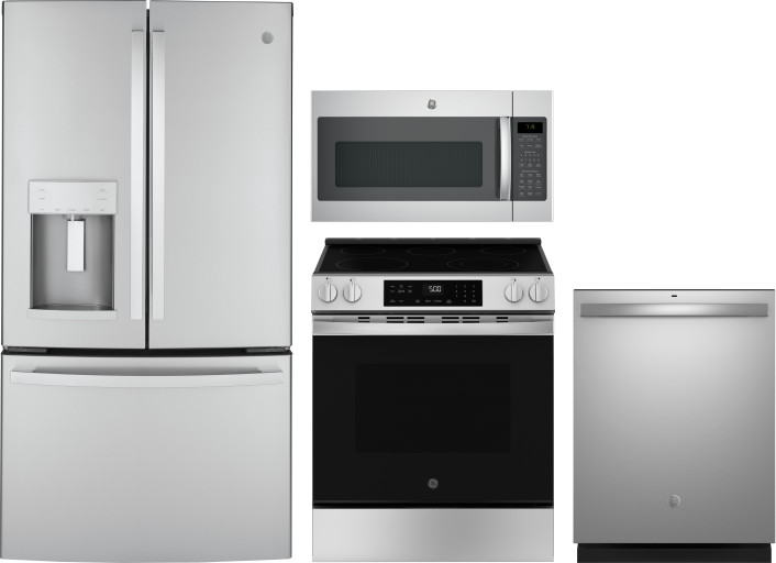 GE 4 Piece Kitchen Appliances Package with French Door Refrigerator, Electric Range, Dishwasher and Over the Range Microwave in Stainless Steel GERERA