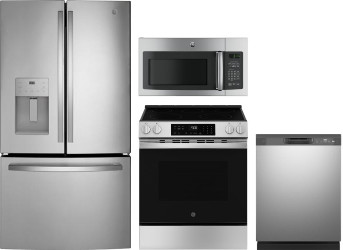 GE 4 Piece Kitchen Appliances Package with French Door Refrigerator, Electric Range, Dishwasher and Over the Range Microwave in Stainless Steel GERERA -  GERERADWMW104128