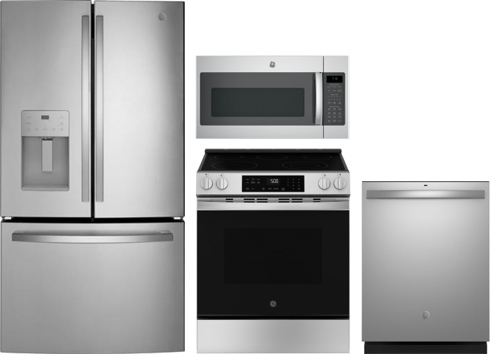 GE 4 Piece Kitchen Appliances Package with French Door Refrigerator, Electric Range, Dishwasher and Over the Range Microwave in Stainless Steel GERERA -  GERERADWMW104130