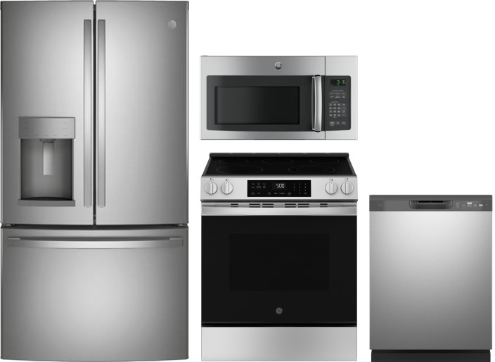 GE 4 Piece Kitchen Appliances Package with French Door Refrigerator, Electric Range, Dishwasher and Over the Range Microwave in Stainless Steel GERERA