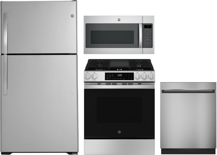 GE 4 Piece Kitchen Appliances Package with Top Freezer Refrigerator, Gas Range, Dishwasher and Over the Range Microwave in Stainless Steel GERERADWMW1