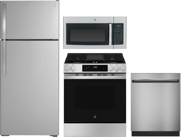 GE 4 Piece Kitchen Appliances Package with Top Freezer Refrigerator, Gas Range, Dishwasher and Over the Range Microwave in Stainless Steel GERERADWMW1 -  GERERADWMW104160