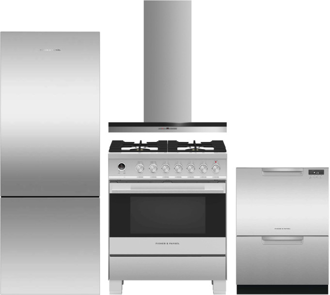 4 Piece Kitchen Appliances Package with Bottom Freezer Refrigerator, Dual Fuel Range and Dishwasher in Stainless Steel - Fisher & Paykel FPRERADWRH6569