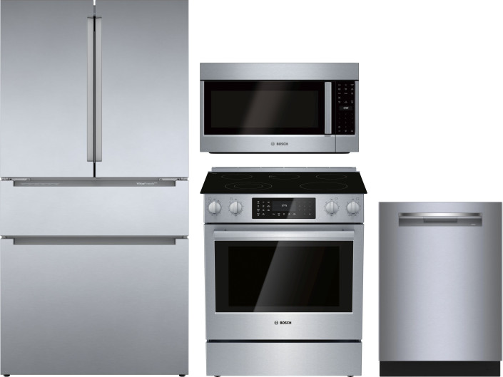Bosch 4 Piece Kitchen Appliances Package with French Door Refrigerator, Electric Range, Dishwasher and Over the Range Microwave in Stainless Steel BOR