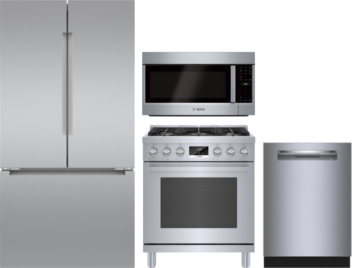 Bosch 4 Piece Kitchen Appliances Package with French Door Refrigerator, Gas Range, Dishwasher and Over the Range Microwave in Stainless Steel BORERADW