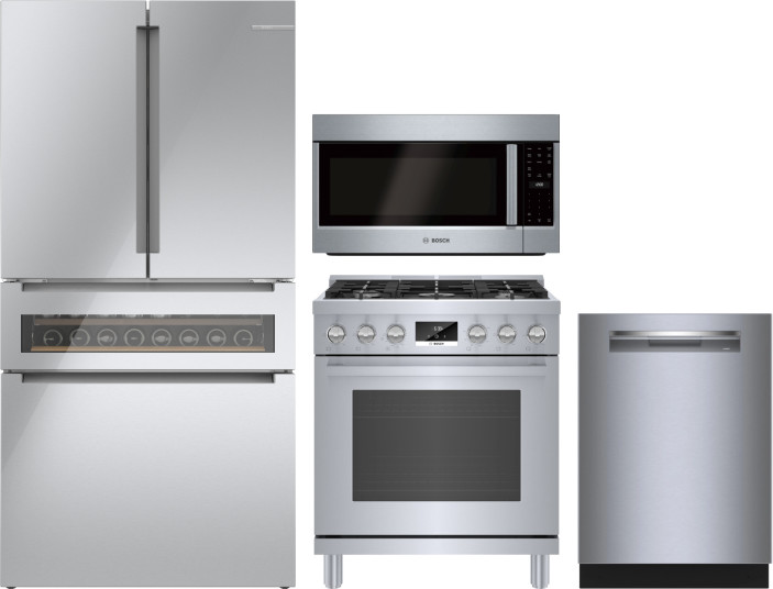 Bosch 4 Piece Kitchen Appliances Package with French Door Refrigerator, Gas Range, Dishwasher and Over the Range Microwave in Glass over Stainless Ste