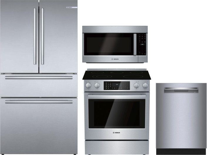 Bosch 4 Piece Kitchen Appliances Package with French Door Refrigerator, Electric Range, Dishwasher and Over the Range Microwave in Stainless Steel BOR