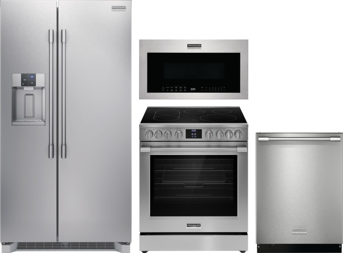 Frigidaire Professional 4 Piece Kitchen Appliances Package with Side-by-Side Refrigerator, Electric Range, Over the Range Microwave and Dishwasher in -  FRRERADWMW4581