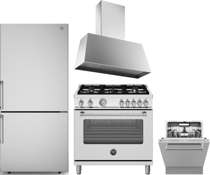 4 Piece Kitchen Appliances Package with Bottom Freezer Refrigerator, Gas Range and Dishwasher in Stainless Steel - Bertazzoni BERERADWRH1196