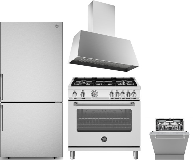 4 Piece Kitchen Appliances Package with Bottom Freezer Refrigerator, Gas Range and Dishwasher in Stainless Steel - Bertazzoni BERERADWRH1197