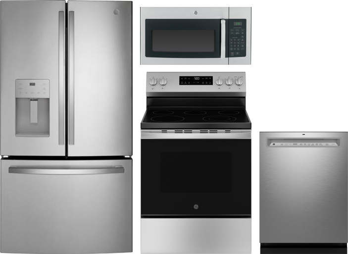 GE Kitchen Appliances Package with French Door Refrigerator, Electric Range, Dishwasher and Over the Range Microwave in Stainless Steel GERERADWMW1041
