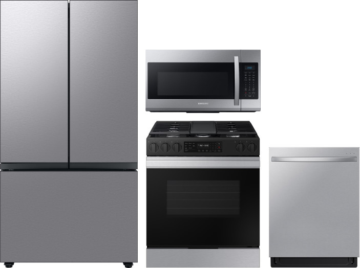 Samsung 4 Piece Kitchen Appliances Package with French Door Refrigerator, Gas Range, Dishwasher and Over the Range Microwave in Stainless Steel SARERA -  SARERADWMW14117