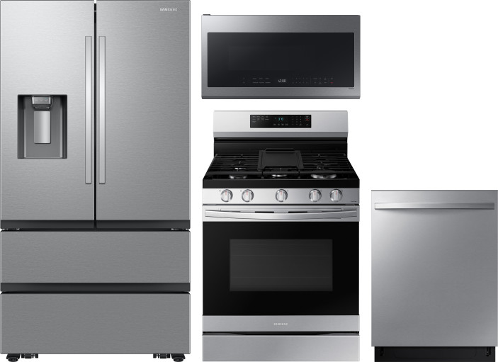 Samsung Kitchen Appliances Package with French Door Refrigerator, Gas Range, Dishwasher and Over the Counter Microwave in Stainless Steel SARERADWMW14