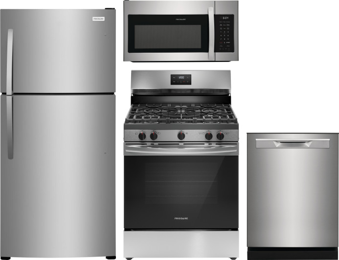 Frigidaire 4 Piece Kitchen Appliances Package with Top Freezer Refrigerator, Gas Range, Dishwasher and Over the Range Microwave in Stainless Steel FRR -  FRRERADWMW888962207