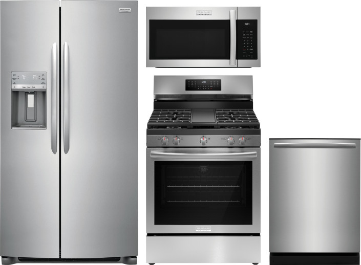 Frigidaire Gallery 4 Piece Kitchen Appliances Package with Gas Range, Over the Range Microwave, Side-by-Side Refrigerator and Dishwasher in Stainless 