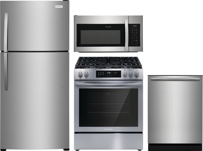 Frigidaire 4 Piece Kitchen Appliances Package with Top Freezer Refrigerator, Gas Range, Dishwasher and Over the Range Microwave in Stainless Steel FRR -  FRRERADWMW888962278