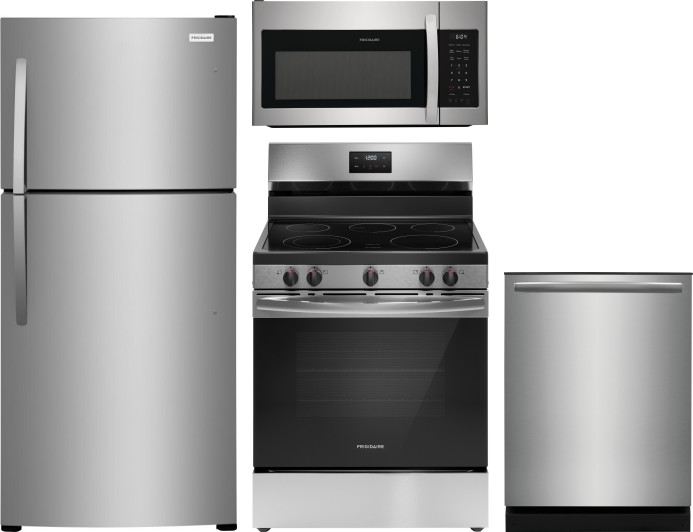 Frigidaire 4 Piece Kitchen Appliances Package with Top Freezer Refrigerator, Electric Range, Dishwasher and Over the Range Microwave in Stainless Stee -  FRRERADWMW888962279