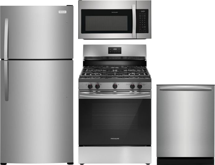 Frigidaire 4 Piece Kitchen Appliances Package with Top Freezer Refrigerator, Gas Range, Dishwasher and Over the Range Microwave in Stainless Steel FRR -  FRRERADWMW888962294