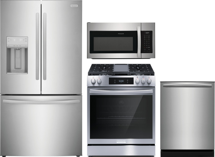 Frigidaire 4 Piece Kitchen Appliances Package with French Door Refrigerator, Gas Range, Dishwasher and Over the Range Microwave in Stainless Steel FRR