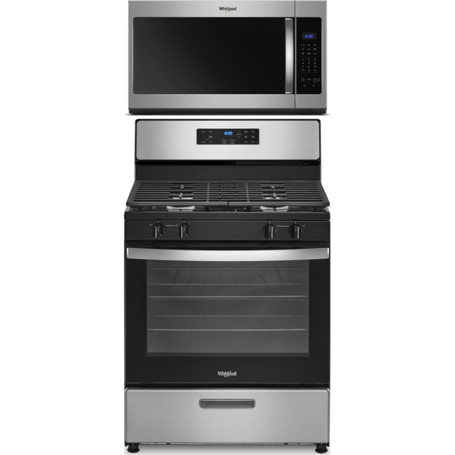 Whirlpool 2 Piece Kitchen Appliances Package with Gas Range and Over the Range Microwave in Stainless Steel WPRAMW101
