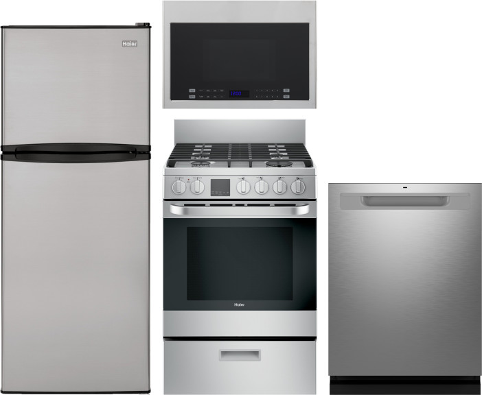 Haier 4 Piece Kitchen Appliances Package with Top Freezer Refrigerator, Over the Range Microwave, Gas Range and Dishwasher in Stainless Steel HAREMWRA