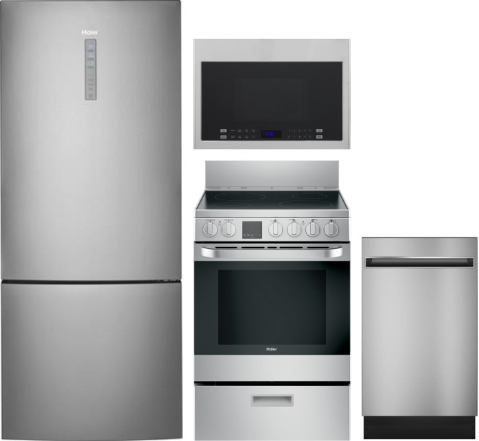 Haier 4 Piece Kitchen Appliances Package with Bottom Freezer Refrigerator Electric Range Dishwasher and Over the Range Microwave in Stainless Steel