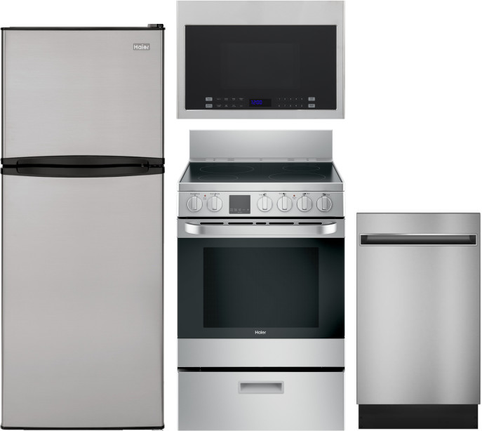 Haier 4 Piece Kitchen Appliances Package with Top Freezer Refrigerator, Electric Range, Dishwasher and Over the Range Microwave in Stainless Steel HAR