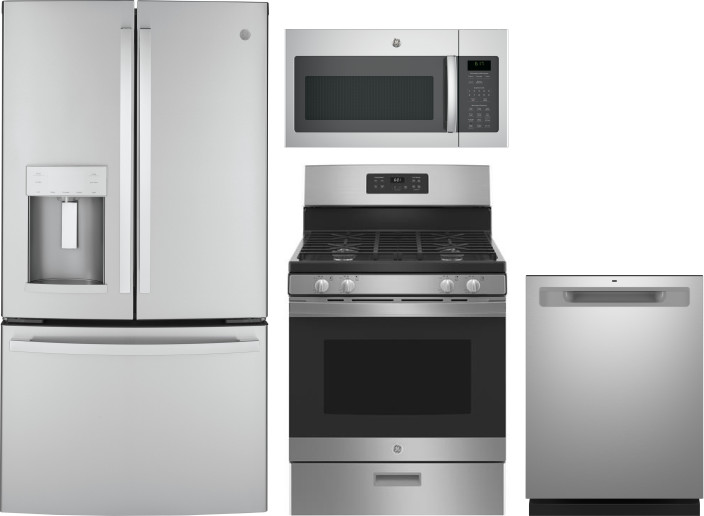GE 4 Piece Kitchen Appliances Package with French Door Refrigerator, Gas Range, Dishwasher and Over the Range Microwave in Stainless Steel GERERADWMW1