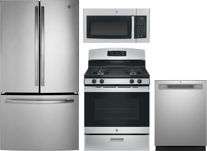 GE 4 Piece Kitchen Appliances Package with French Door Refrigerator, Gas Range, Dishwasher and Over the Range Microwave in Stainless Steel GERERADWMW1