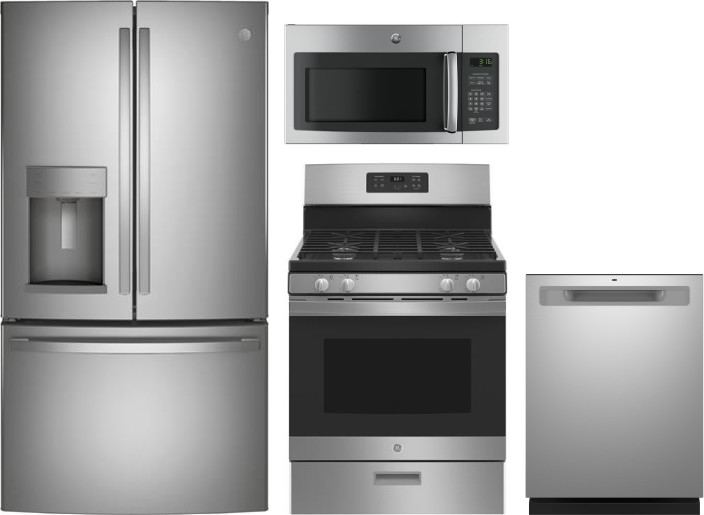 GE 4 Piece Kitchen Appliances Package with French Door Refrigerator, Gas Range, Dishwasher and Over the Range Microwave in Stainless Steel GERERADWMW1