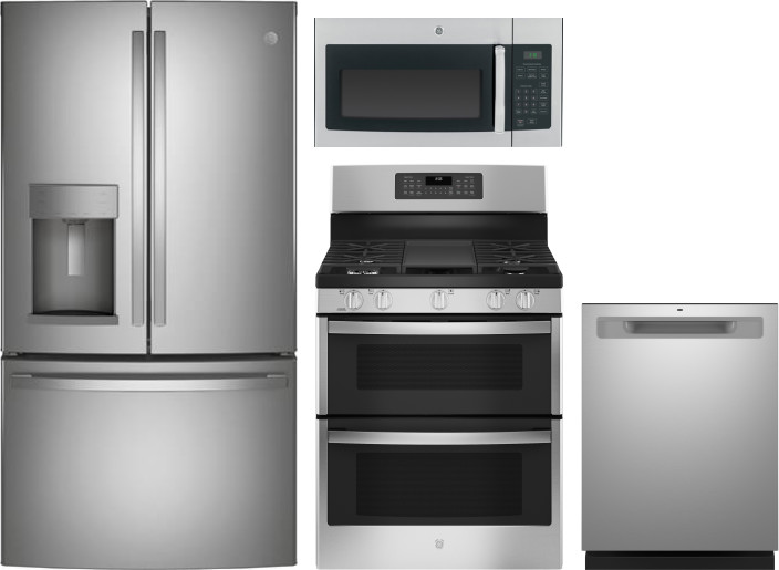 GE 4 Piece Kitchen Appliances Package with French Door Refrigerator, Gas Range, Dishwasher and Over the Range Microwave in Stainless Steel GERERADWMW1