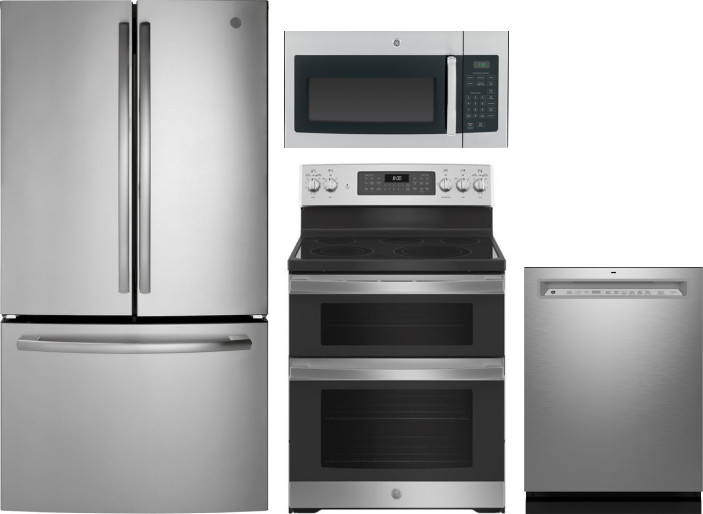 GE 4 Piece Kitchen Appliances Package with French Door Refrigerator, Electric Range, Dishwasher and Over the Range Microwave in Stainless Steel GERERA