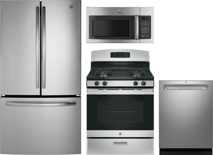 GE 4 Piece Kitchen Appliances Package with French Door Refrigerator, Gas Range, Dishwasher and Over the Range Microwave in Stainless Steel GERERADWMW1