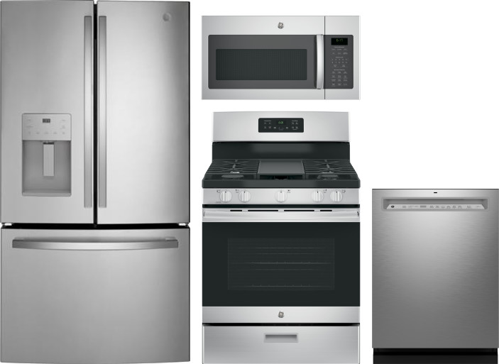 GE 4 Piece Kitchen Appliances Package with French Door Refrigerator, Gas Range, Dishwasher and Over the Range Microwave in Fingerprint Resistant Stain