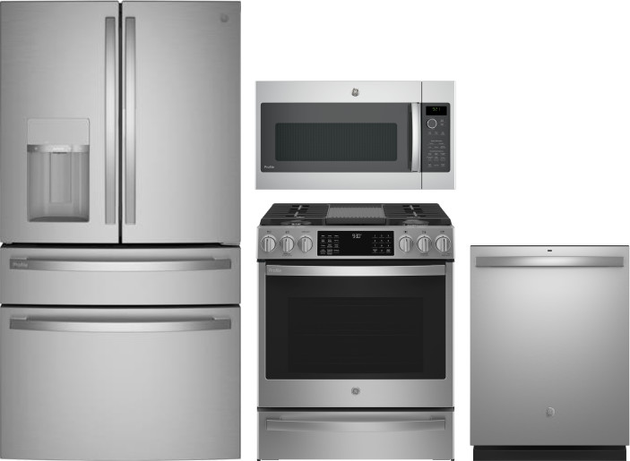 GE Profile 4 Piece Kitchen Appliances Package with French Door Refrigerator, Gas Range, Dishwasher and Over the Range Microwave in Stainless Steel GER