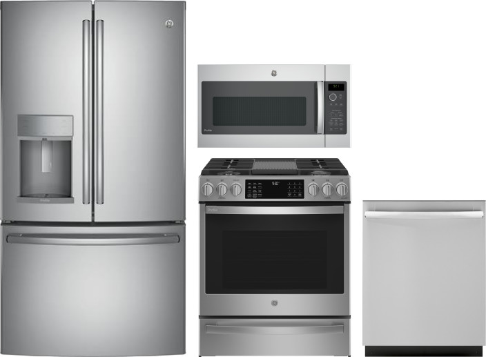 GE Profile 4 Piece Kitchen Appliances Package with French Door Refrigerator, Gas Range, Dishwasher and Over the Range Microwave in Stainless Steel GER