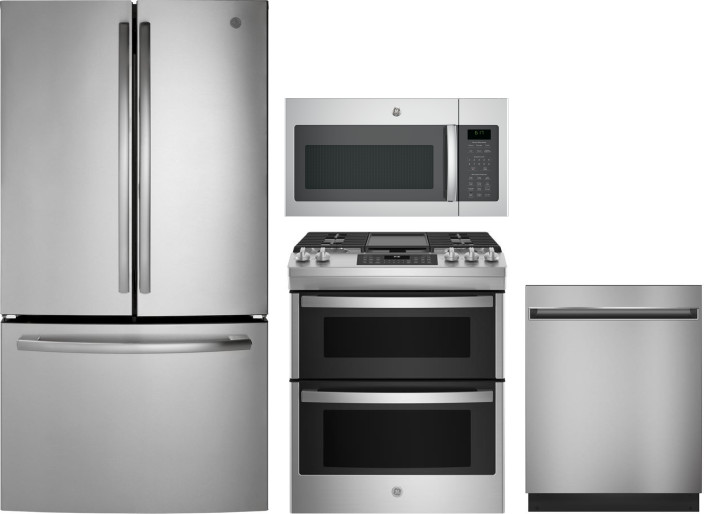 GE 4 Piece Kitchen Appliances Package with French Door Refrigerator, Gas Range, Dishwasher and Over the Range Microwave in Stainless Steel GERERADWMW1