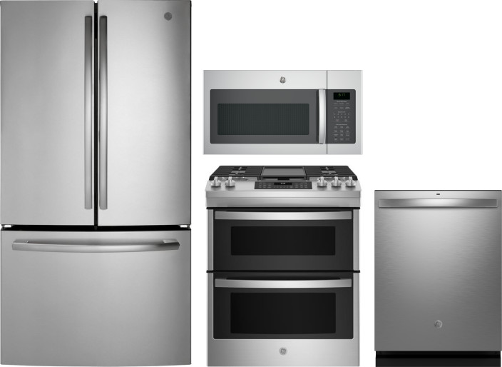 GE 4 Piece Kitchen Appliances Package with French Door Refrigerator, Gas Range, Dishwasher and Over the Range Microwave in Stainless Steel GERERADWMW1
