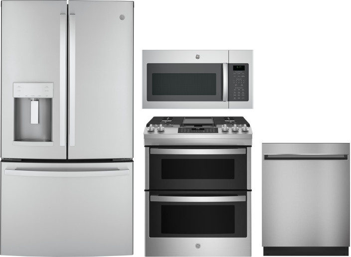 GE 4 Piece Kitchen Appliances Package with French Door Refrigerator, Gas Range, Dishwasher and Over the Range Microwave in Stainless Steel GERERADWMW1