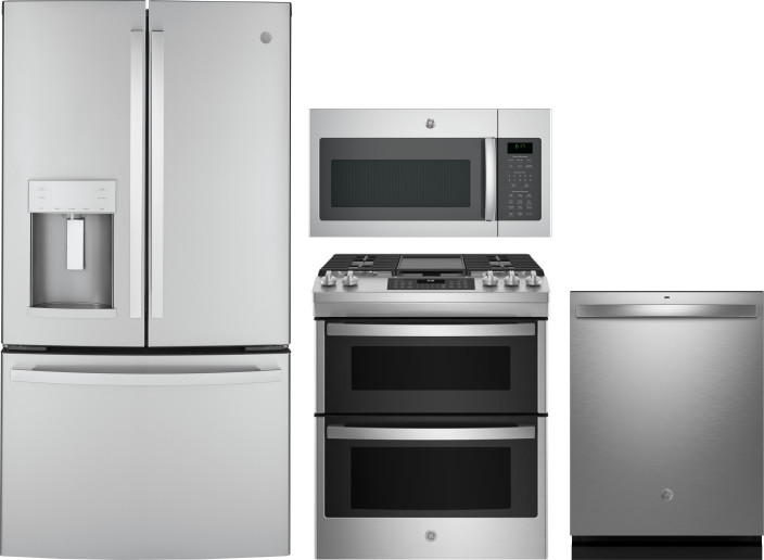 GE 4 Piece Kitchen Appliances Package with French Door Refrigerator, Gas Range, Dishwasher and Over the Range Microwave in Stainless Steel GERERADWMW1