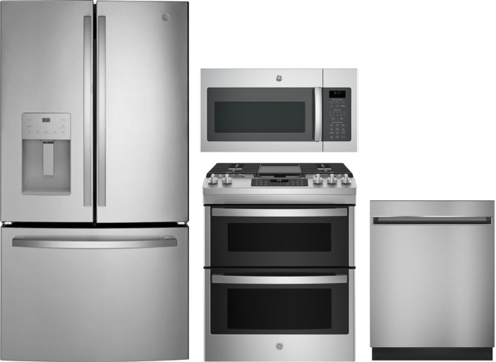 GE 4 Piece Kitchen Appliances Package with French Door Refrigerator, Gas Range, Dishwasher and Over the Range Microwave in Fingerprint Resistant Stain