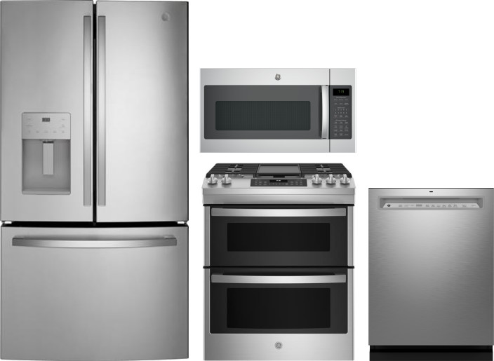 GE 4 Piece Kitchen Appliances Package with French Door Refrigerator, Gas Range, Dishwasher and Over the Range Microwave in Fingerprint Resistant Stain
