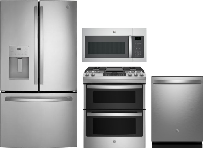 GE 4 Piece Kitchen Appliances Package with French Door Refrigerator, Gas Range, Dishwasher and Over the Range Microwave in Fingerprint Resistant Stain
