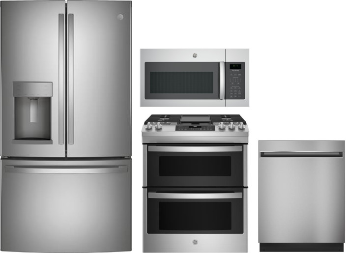 GE 4 Piece Kitchen Appliances Package with French Door Refrigerator, Gas Range, Dishwasher and Over the Range Microwave in Stainless Steel GERERADWMW1