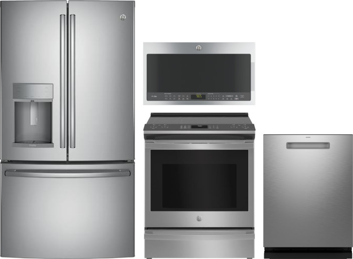 GE Profile 4 Piece Kitchen Appliances Package with French Door Refrigerator, Electric Range, Dishwasher and Over the Range Microwave in Stainless Stee
