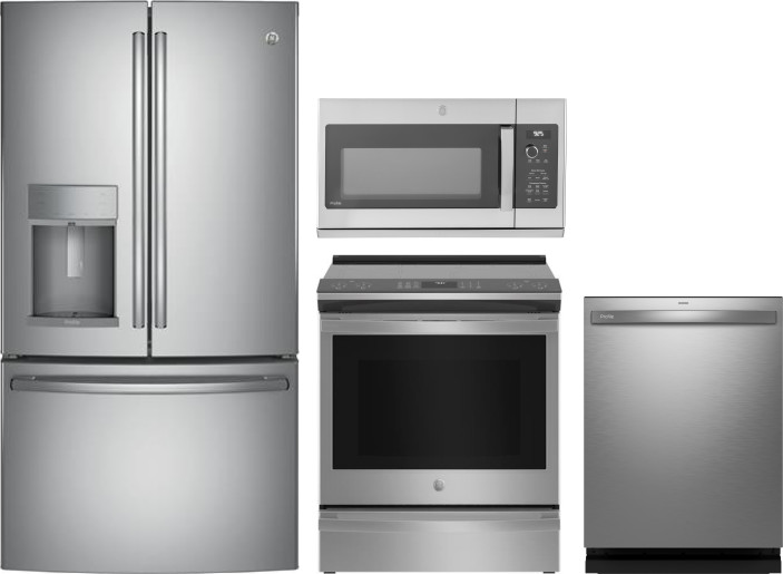 GE Profile 4 Piece Kitchen Appliances Package with French Door Refrigerator, Induction Range, Dishwasher and Over the Range Microwave in Stainless Ste