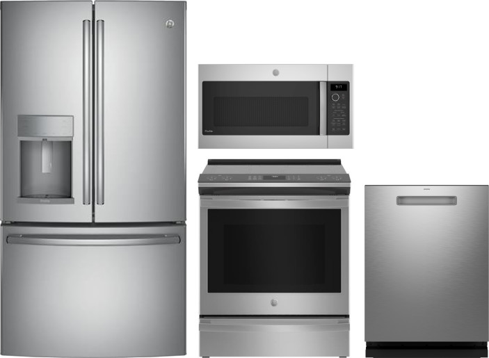 GE Profile 4 Piece Kitchen Appliances Package with French Door Refrigerator, Induction Range, Dishwasher and Over the Range Microwave in Stainless Ste