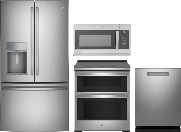 GE Profile 4 Piece Kitchen Appliances Package with French Door Refrigerator, Electric Range, Dishwasher and Over the Range Microwave in Stainless Stee