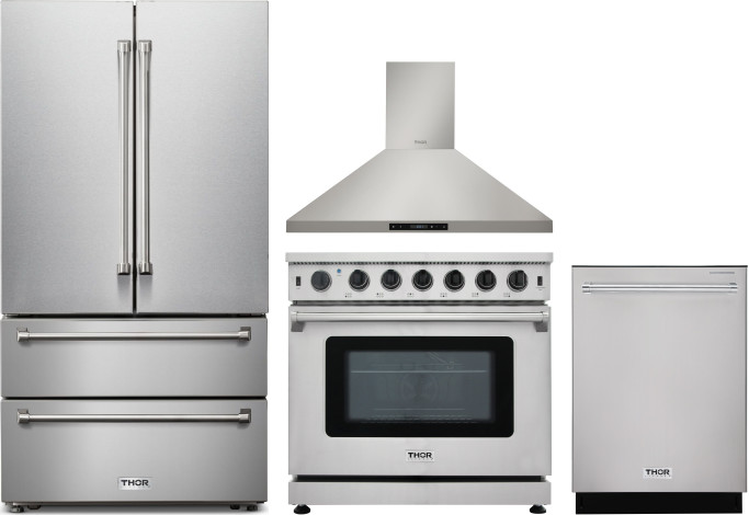 Thor Kitchen 4 Piece Kitchen Appliances Package with French Door Refrigerator, Gas Range and Dishwasher in Stainless Steel THRERADWRH1194