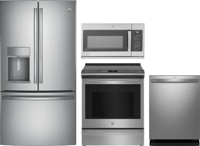 GE Profile 4 Piece Kitchen Appliances Package with French Door Refrigerator, Electric Range, Dishwasher and Over the Range Microwave in Stainless Stee